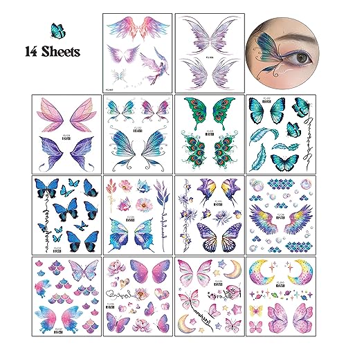 14 Sheets Glitter Butterfly Temporary Tattoos for Face Body & Eye Decoration