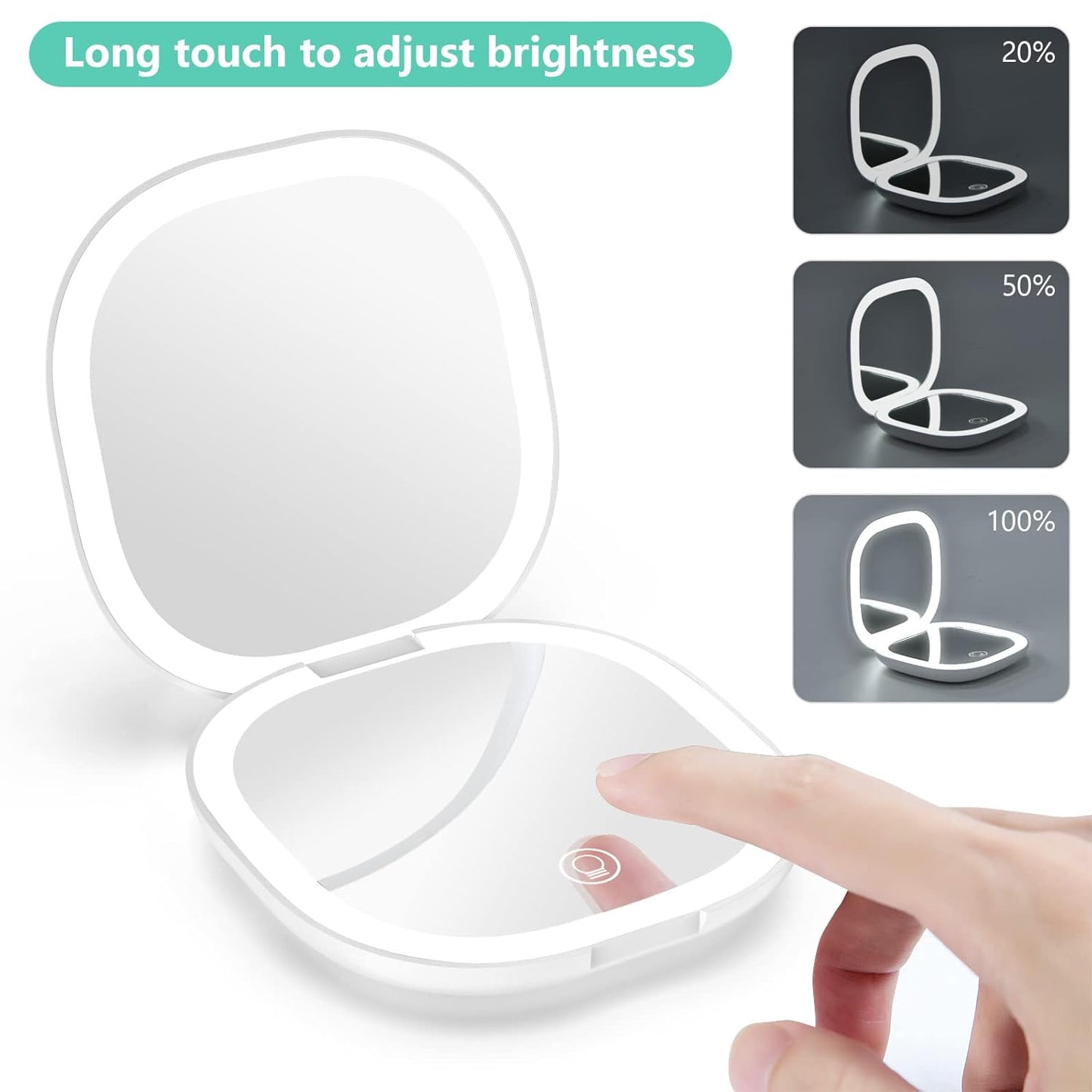 Travel Mirror with Light - Rechargeable 1x/10x Compact Magnifying Mirror | Dimmable, 3.5 Inch, Portable for Handbag, White