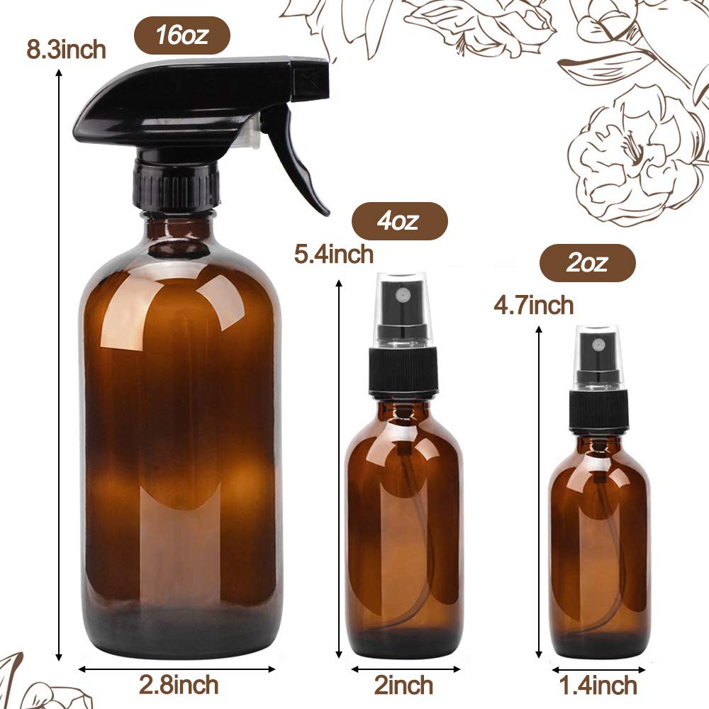 Glass Spray Bottles Set - 16oz & 4oz Refillable Containers with Adjustable Nozzle for Cleaning, Gardening, Aromatherapy | Amber