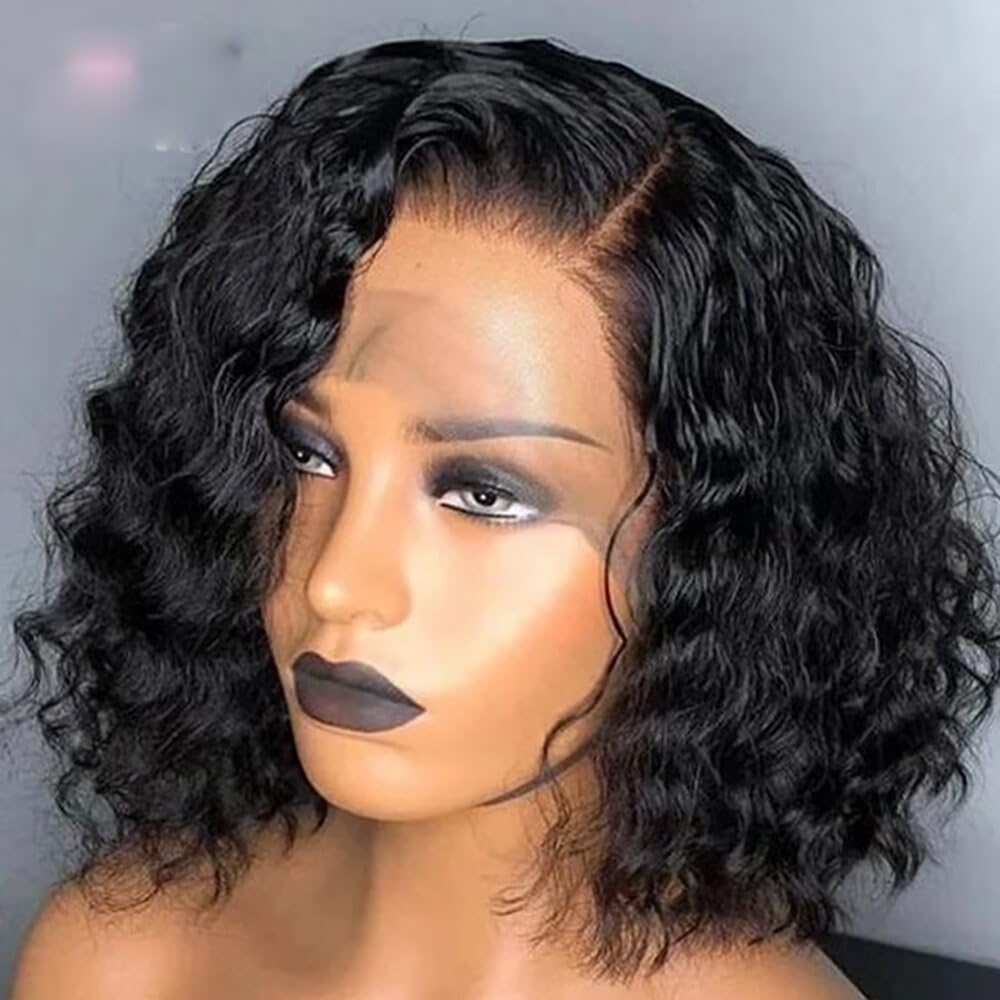 oulaer Short Bob Wigs Side Part 13x4 Deep Wave Bob Wig Human Hair 150% Density Deep Curly Brazilian Virgin Human Hair Pre Plucked Wet and Wavy Glueless Transparent Lace Frontal Wig 14Inch