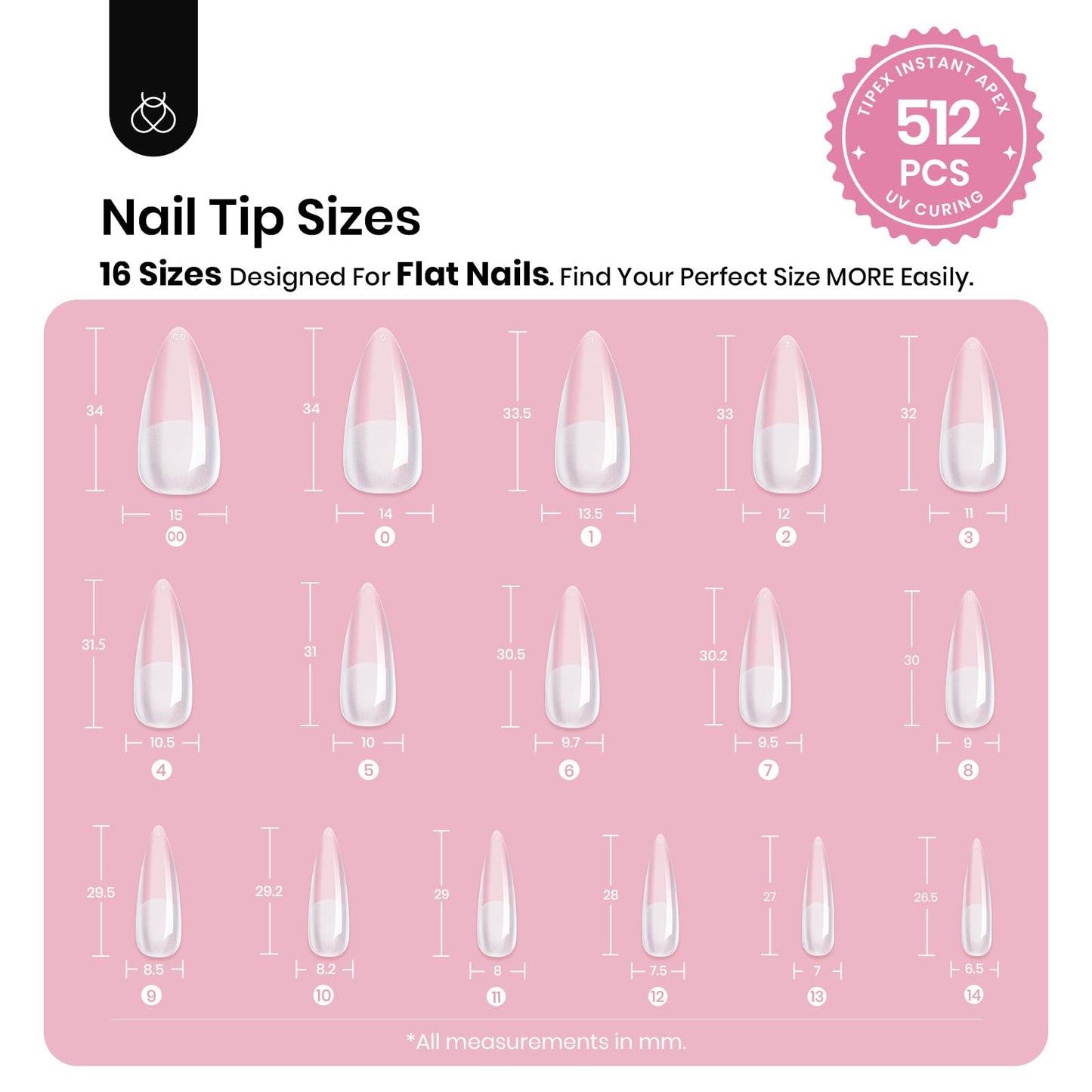 Beetles Tipex Instant Apex Nail Tips, Long Stiletto, 16 Sizes 00–14, 512pcs, No Builder Gel Required, Thicker Strong Acrylic Tips for DIY Salon-look Extensions