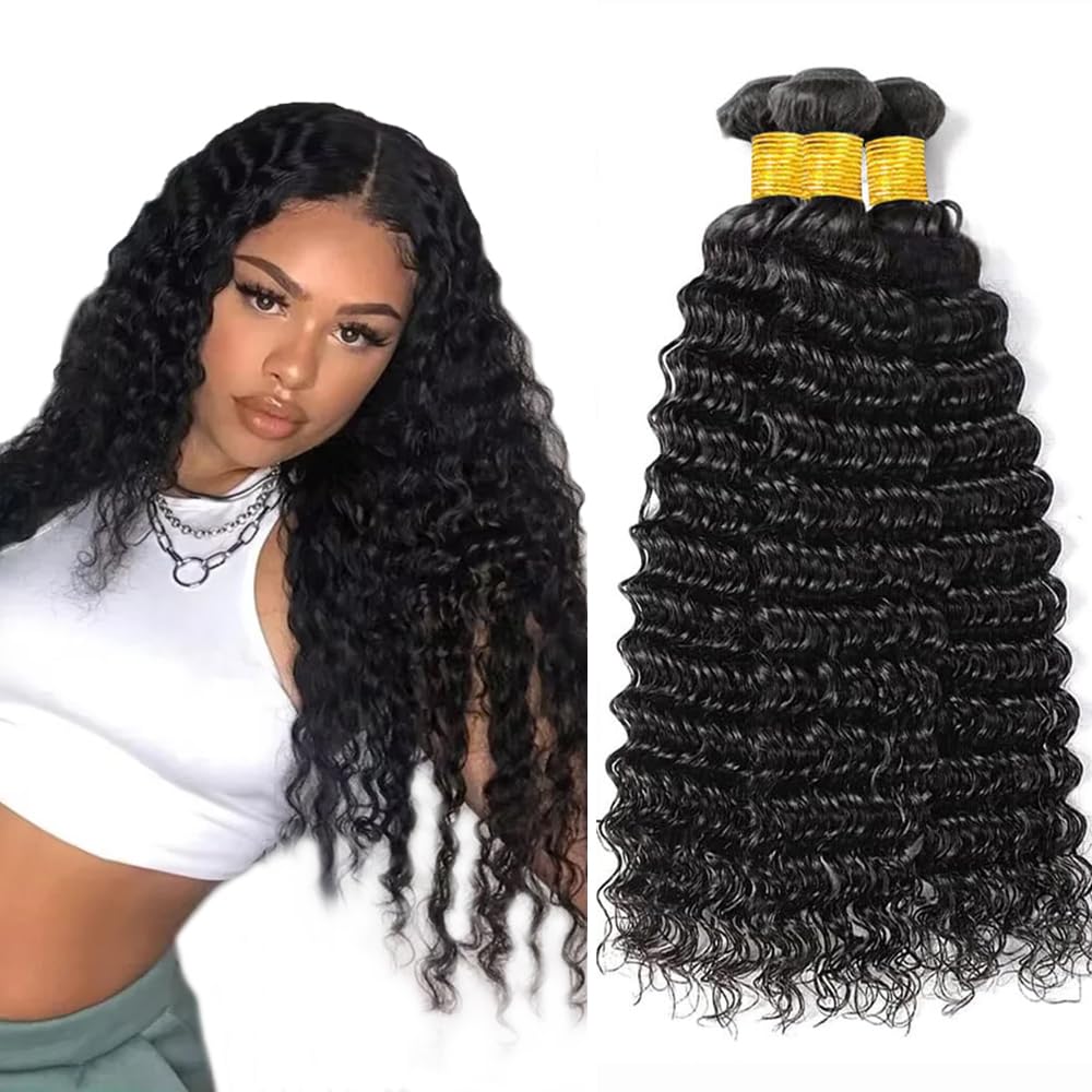DiexrLamx Deep Wave Bundles Human Hair Color #1B Loose Deep Wave Bundle 14 16 18 Inch 300g Brazilian Virgin Hair 3 Bundles Hair Extensions