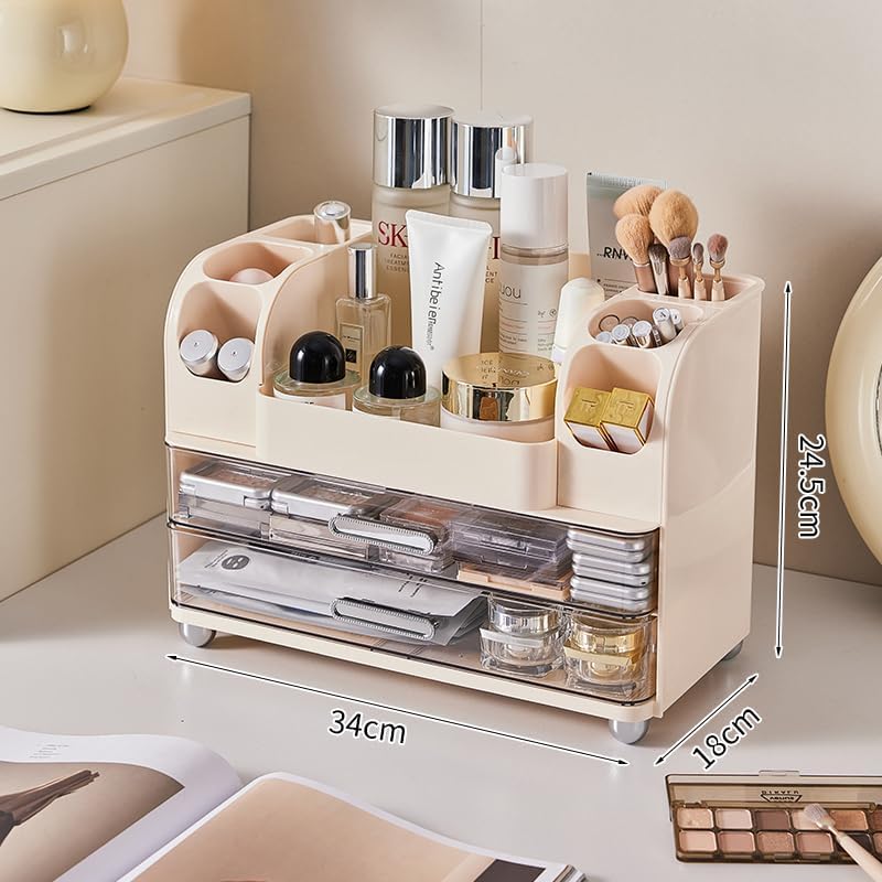 Makeup Organizer - 2 Drawer Cosmetic Display Case for Vanity & Bathroom | Cream Color Storage Holder