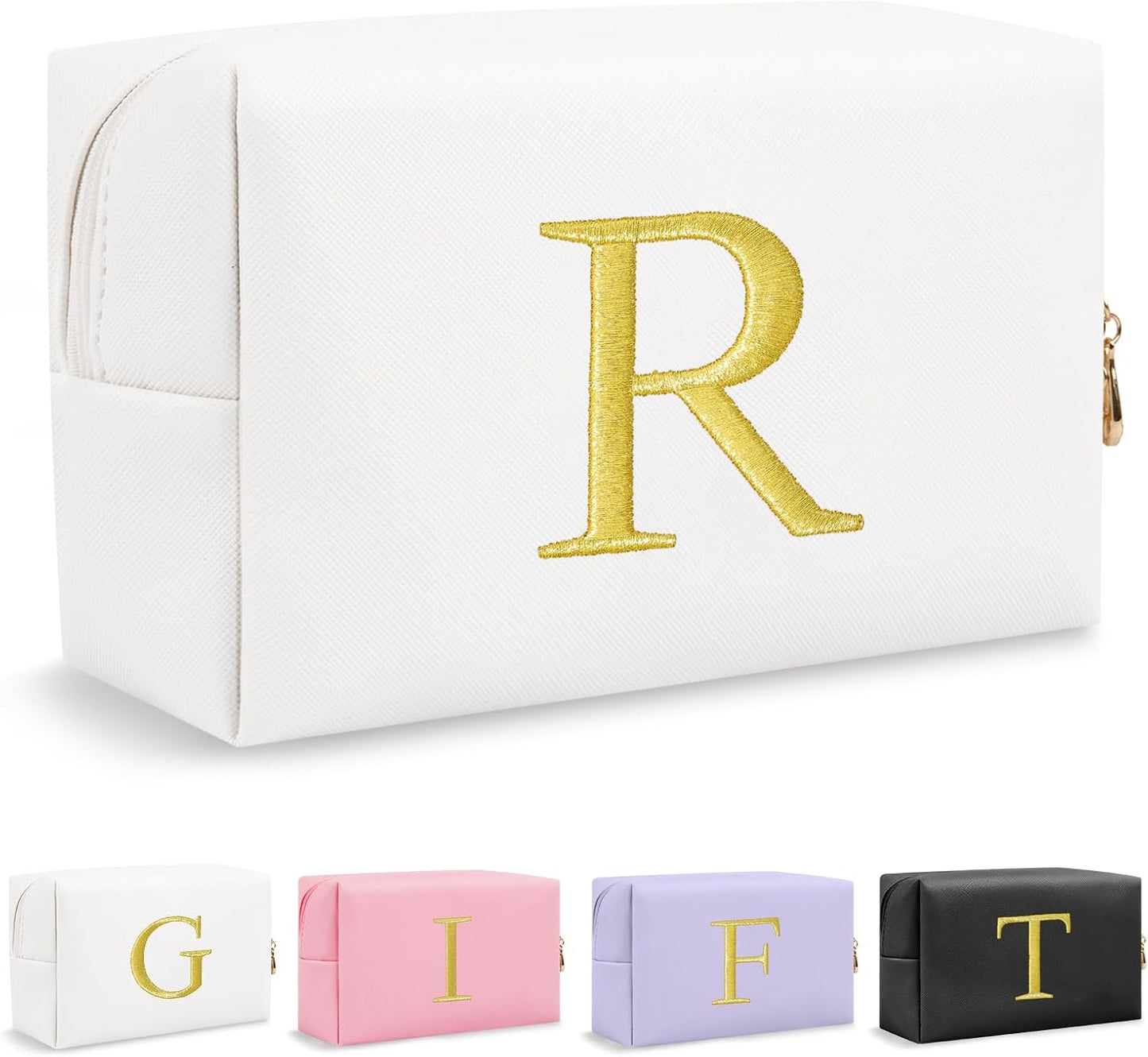 Personalized Initial Makeup Bag - Gold Embroidered Cosmetic Bag for Teens | Custom Travel Toiletry Bag (Black)