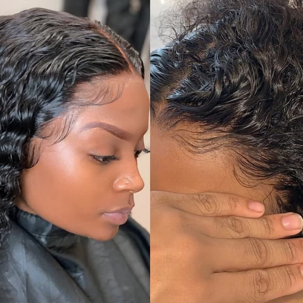oulaer Short Bob Wigs Side Part 13x4 Deep Wave Bob Wig Human Hair 150% Density Deep Curly Brazilian Virgin Human Hair Pre Plucked Wet and Wavy Glueless Transparent Lace Frontal Wig 14Inch