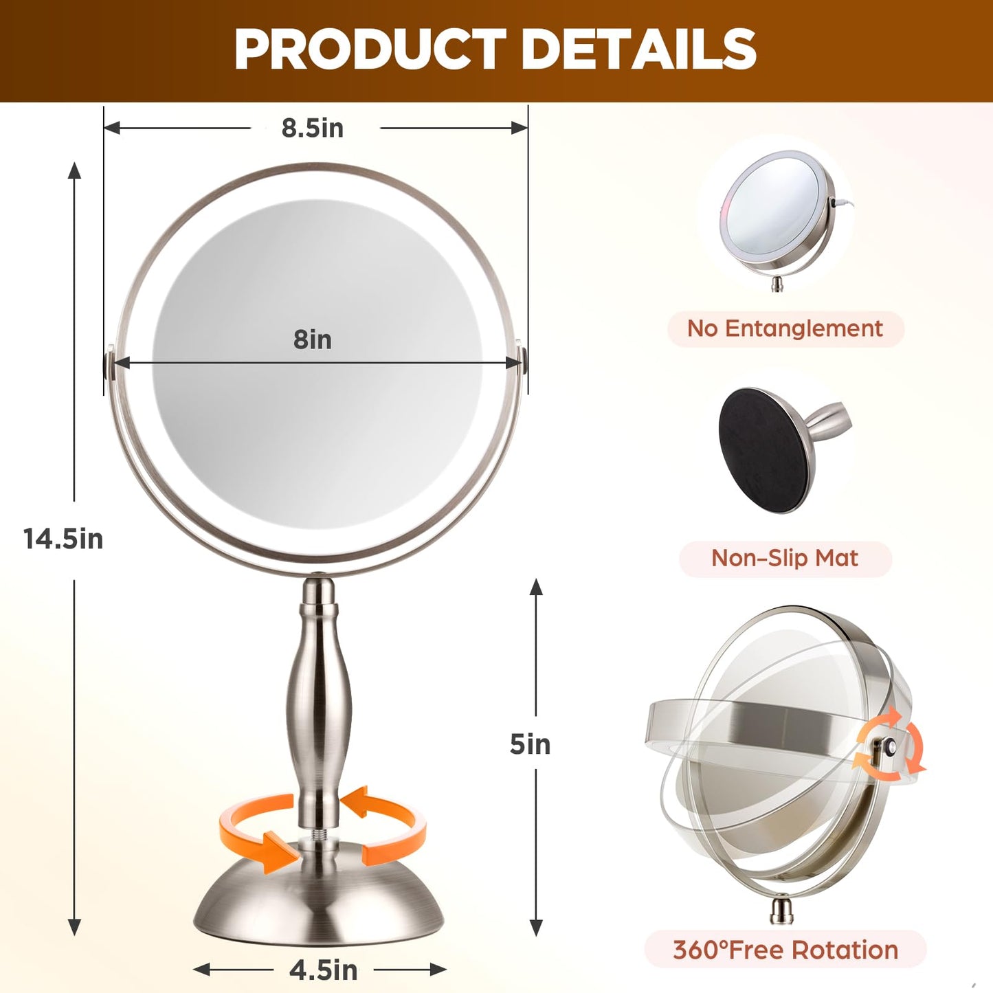 Makeup Mirror with Light, 30x Magnifying Mirror with 3 Lights Colors, 5000mAh Vanity Mirror Brushed Nickel - 360° Rotation, Brightness Adjustable Magnification, Modern Style Side Touch + Side Charge