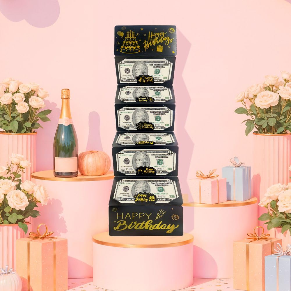 1PCS Birthday Money Box, Envelope for Cash Gifts, Surprise Cash Envelope for Men Women Kids, Birthday Gift Card for Men Women Girls Boys, Black Gold Money Holder