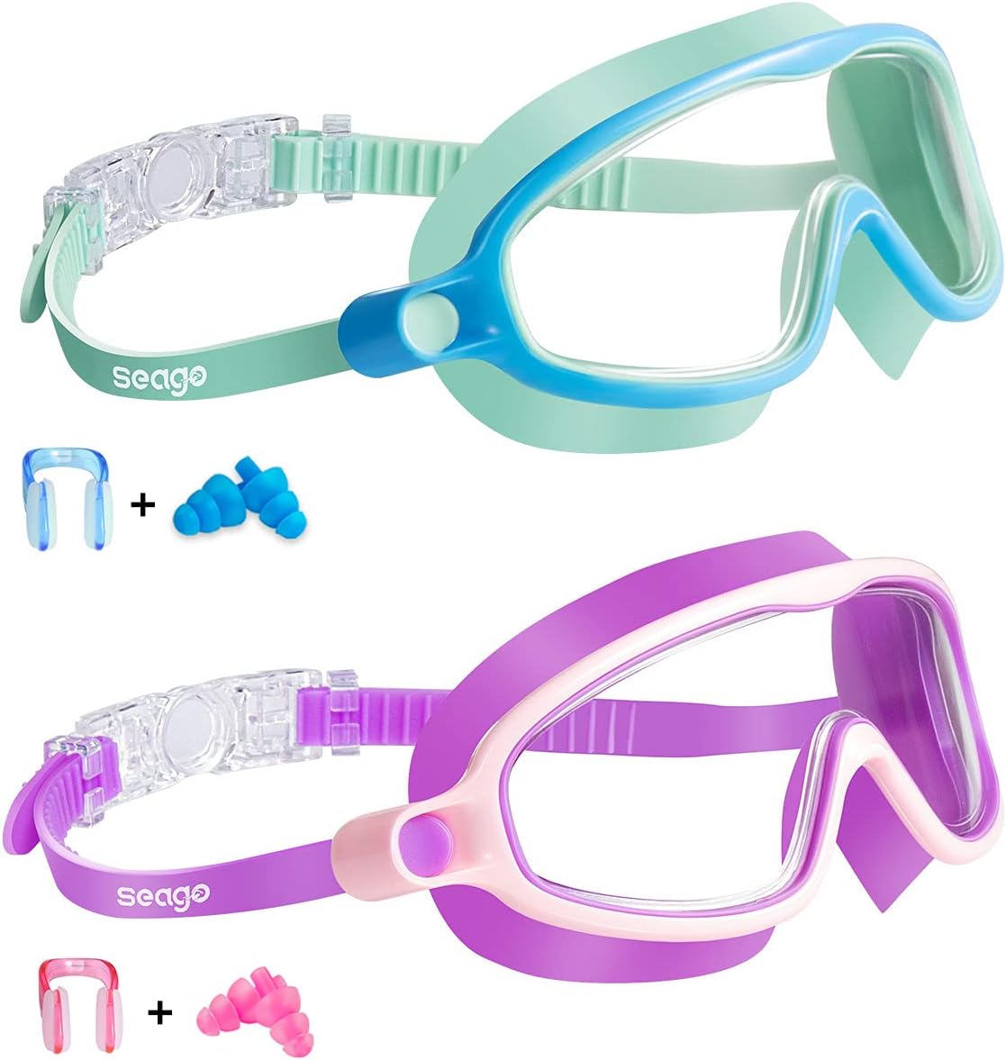 Seago Swim Goggles - Anti-Fog, Anti-UV Wide View for Kids 3-14 | 2 Pack