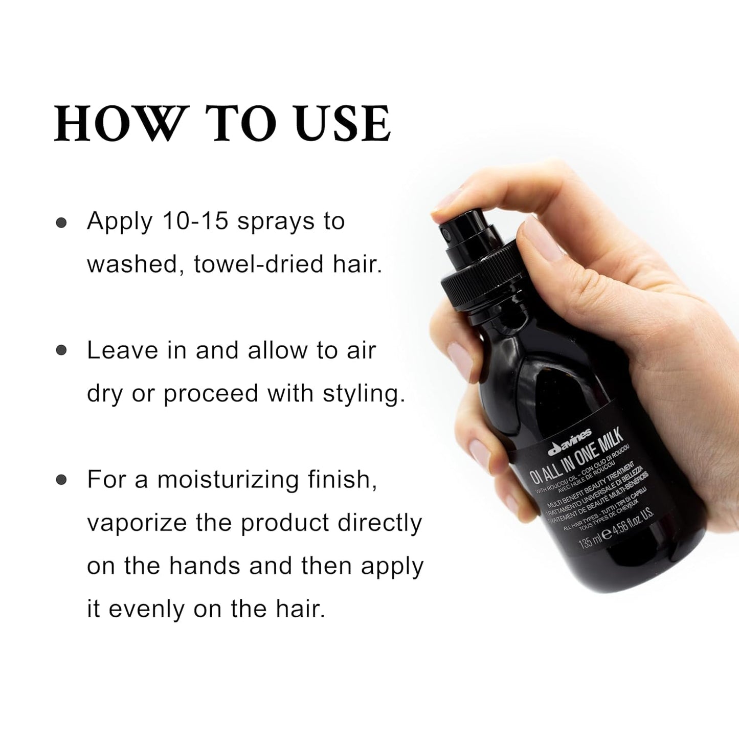 Davines OI All In One Milk, Hair Leave-in Milky Conditioner Multi-Function Spray Treatment - Detangles, Controls Frizz & Heat Protectant - Weightless Antioxidant Roucou Oil Formula, 4.56 Fl Oz