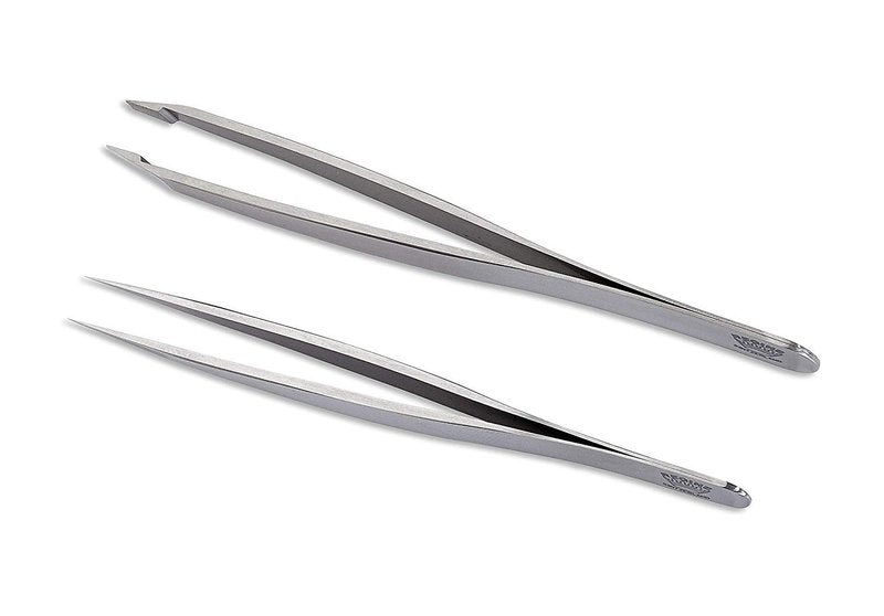 Regine Switzerland Slant & Splinter Tweezer Set - Precision Point & Slant Tweezers for Eyebrow, Ingrown Hair & Splinter Removal - Fine Tip for Women & Men - Silver Stainless Steel 2pcs