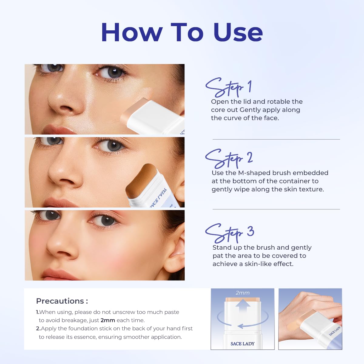 SACE LADY Foundation Stick - Medium to Full Coverage Makeup with Built-in Brush | Soft Matte Finish, SPF 30, 0.4 Oz