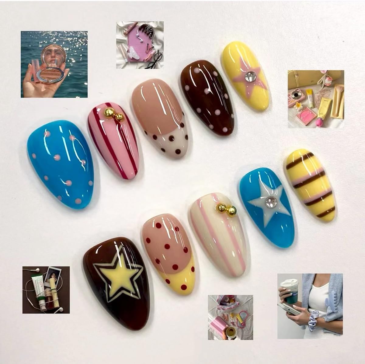 Press-On Almond Nails - Blue & Yellow Fruit Design | Reusable 30-Piece Nail Kit for Spring & Summer Manicure