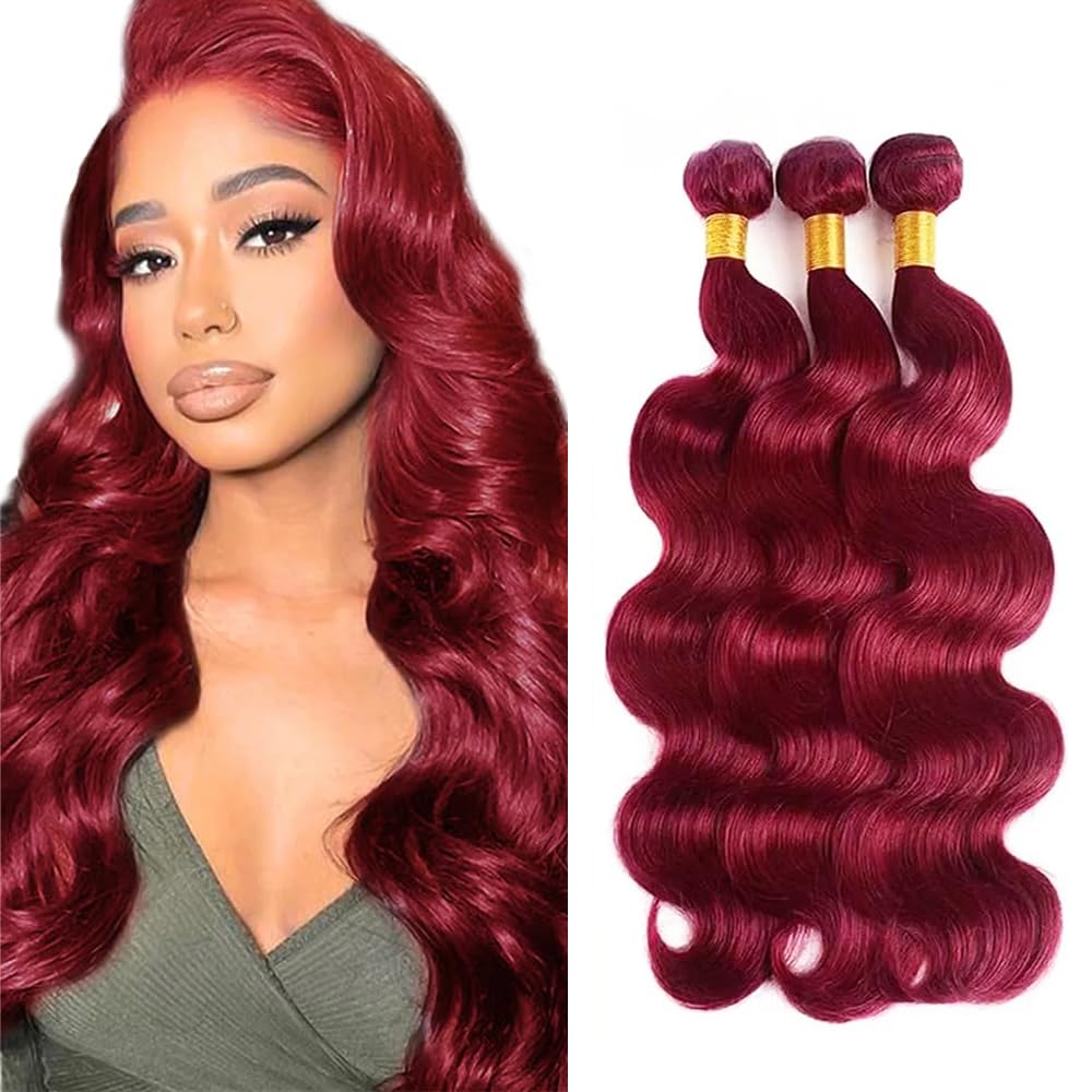 Freiuoke 99J Human Hair Bundles Burgundy Body Wave 3 Bundles 16 18 20 Inch 150g Brazilian Unprocessed Virgin Hair Red Bundles Human Hair Extensions