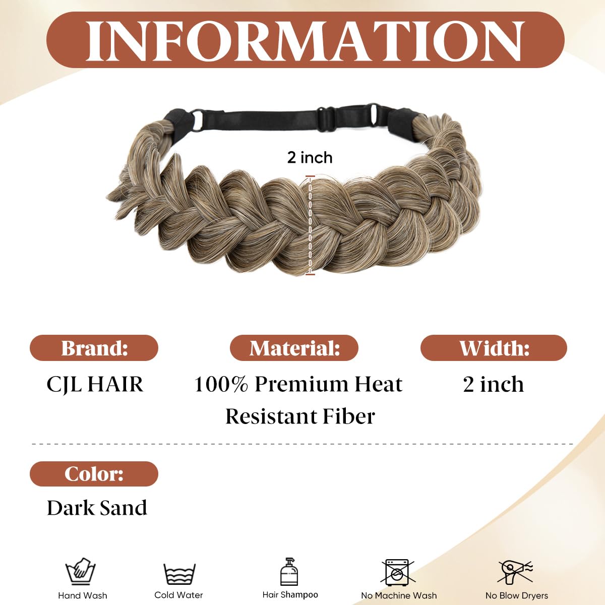 CJL HAIR Wide Elastic Braided Headbands for Women with Adjustable Strap Synthetic Hair Head Bands Handmade Braid Hairband Hairpiece 1PC Dark Sand