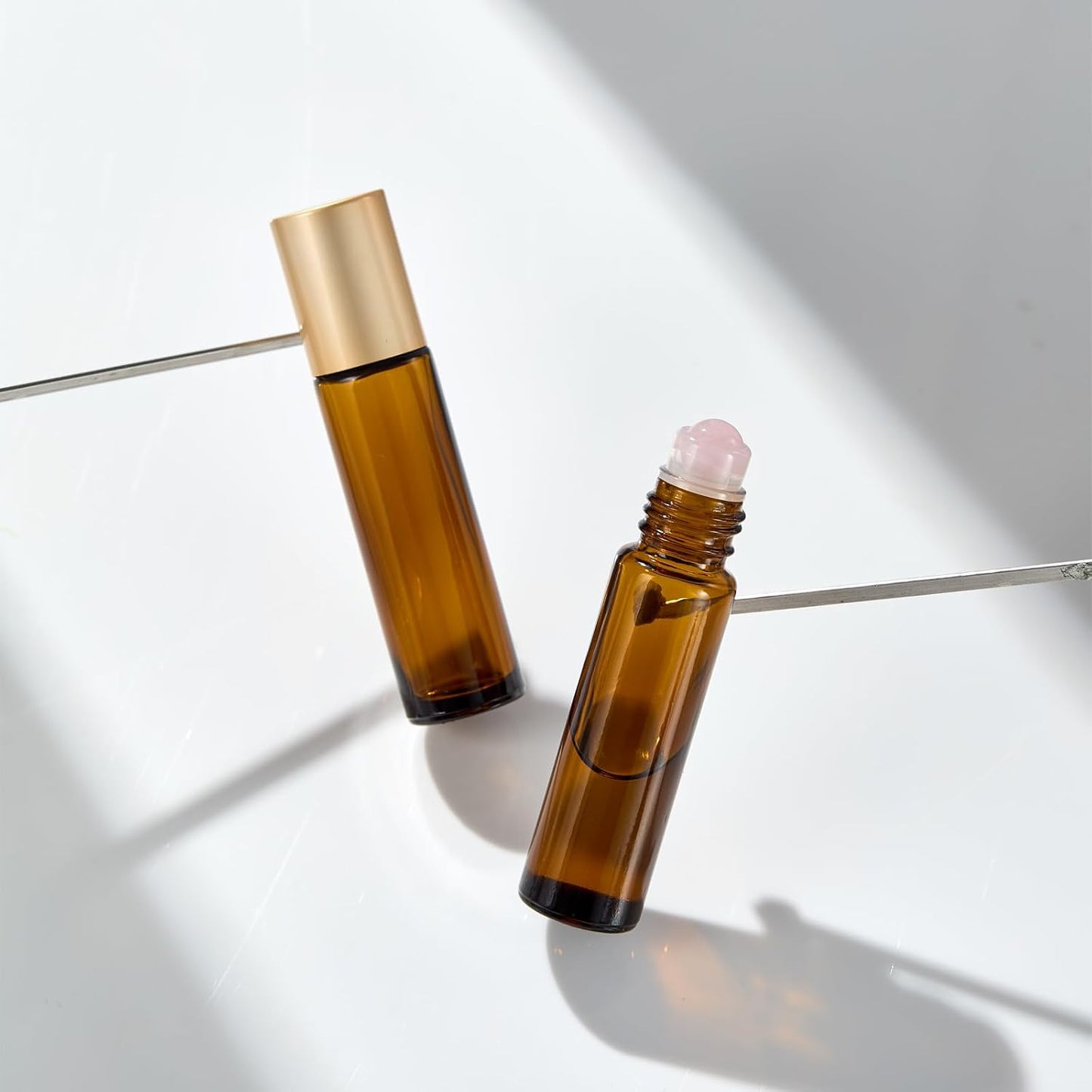 Rose Quartz Roller Bottles - 6 Pack Amber Glass Essential Oil Rollers | 10ml Leak-Proof Travel Size