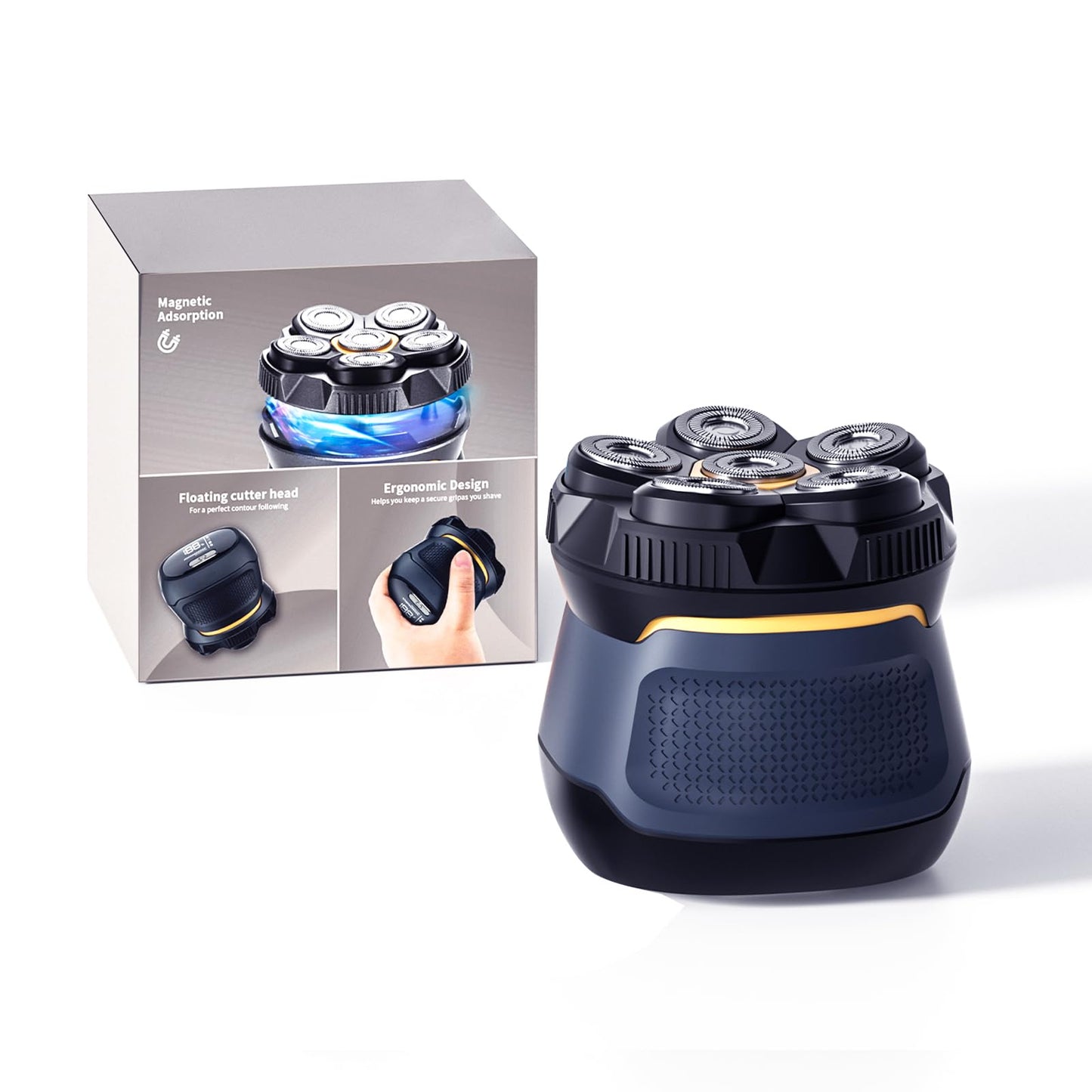 Head Shavers for Bald Men, 6D Magnetic Blade Razor with Led Display and USB-C Charging, Waterproof Wet/Dry Shaver for Men, with Storage Case and 1 Extra Replacement Head (Navy Blue)