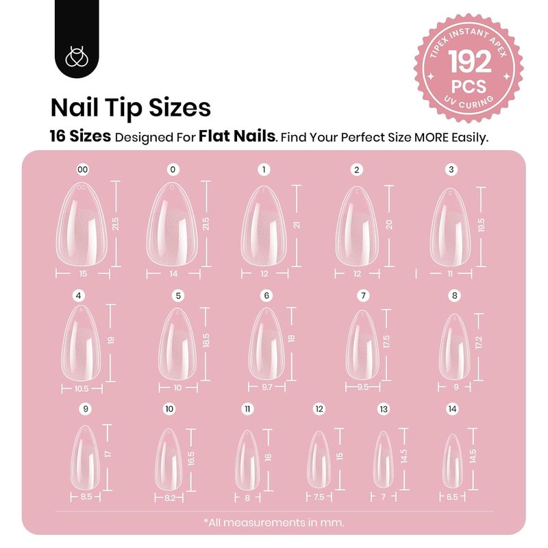 Beetles Instant Apex Nail Tips - Short Almond, 192 Pcs, 16 Sizes 00-14 | Thicker Acrylic for DIY Extensions
