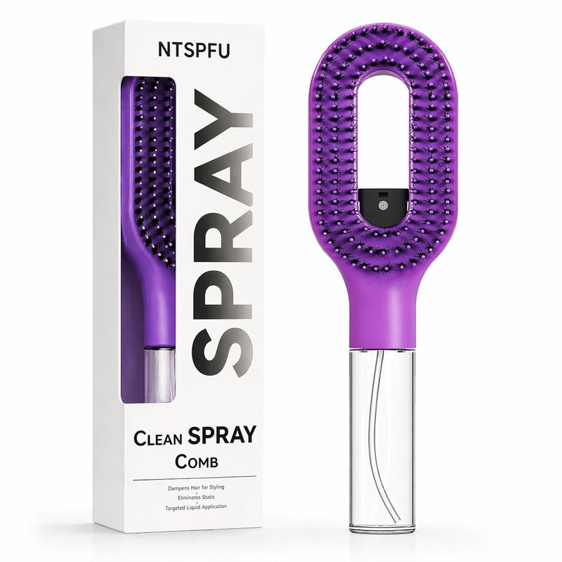 Misting Hair Brush - 2-in-1 Detangling Hairbrush with Spray & Refillable Reservoir | Anti-Frizz for Curly & Thick Hair (Purple)