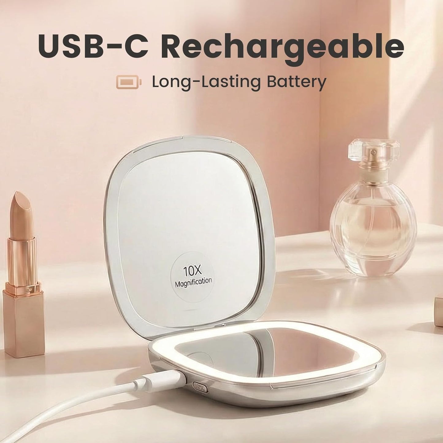 10X Magnifying Compact Makeup Mirror - Dimmable LED Light, Double-Sided 4" Portable Handheld Design | Rechargeable Travel Vanity Mirror
