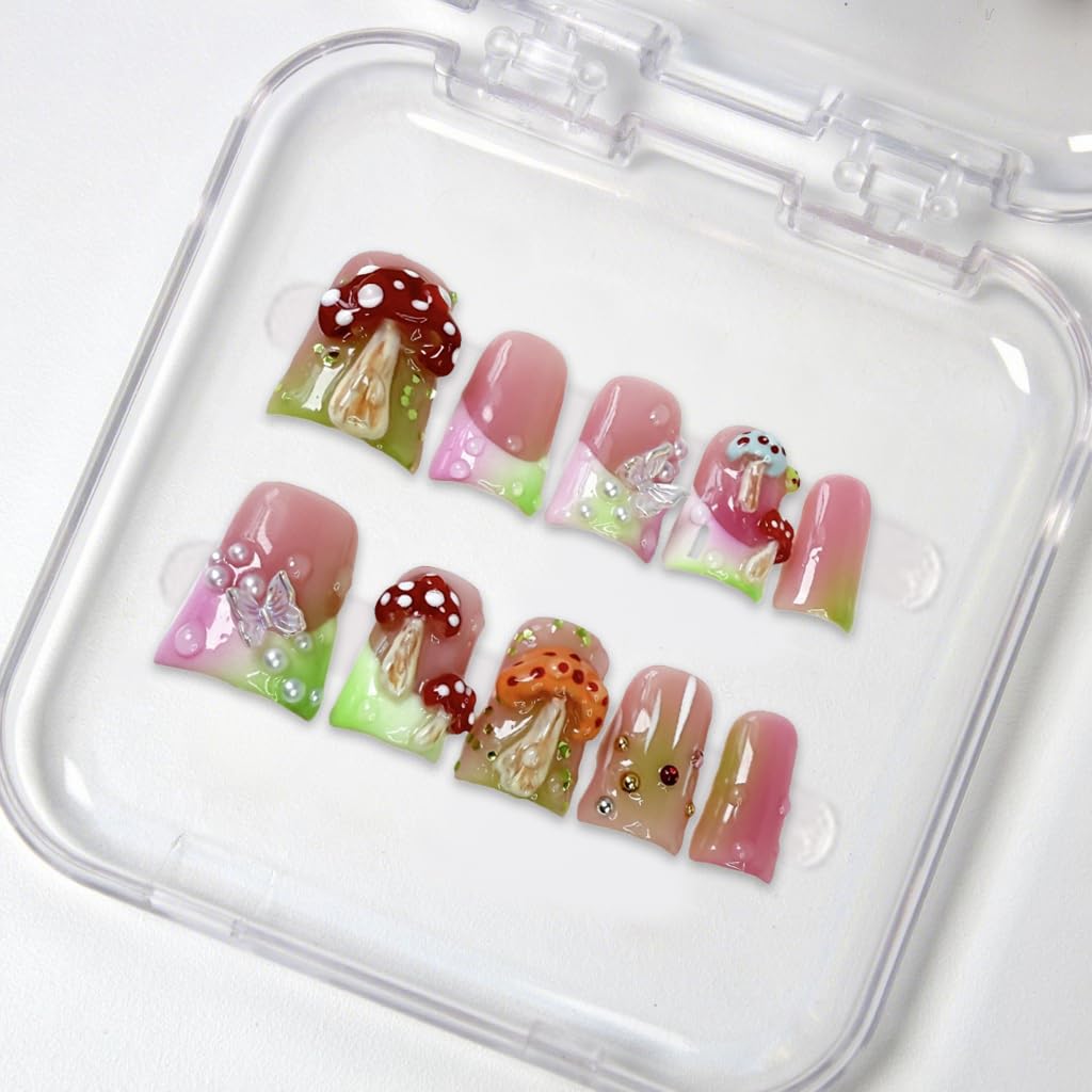 Colorful 3D Flower Press-On Nails - Handmade Thick Acrylic Full Cover | White French Tip (Medium)