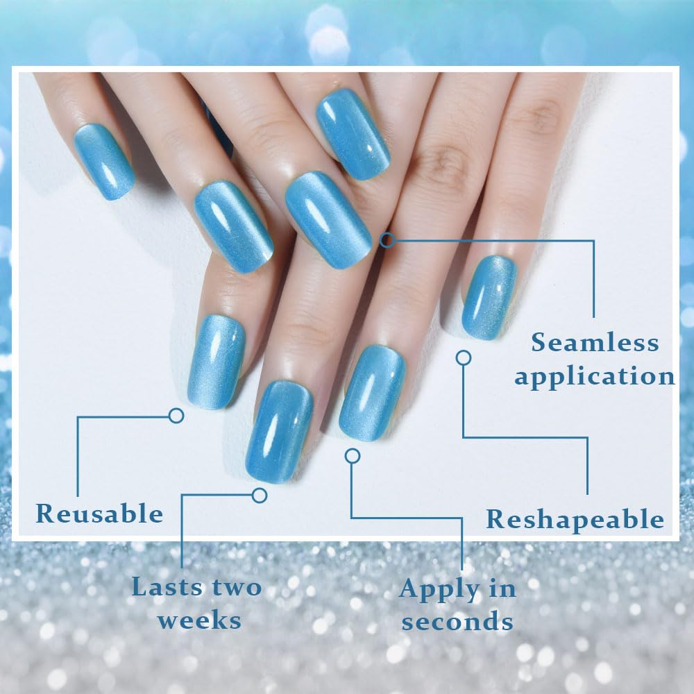Aqua Blue Cat Eye Press-On Nails - Medium Square Chrome Design | Holographic Glitter Gel Acrylic Reusable