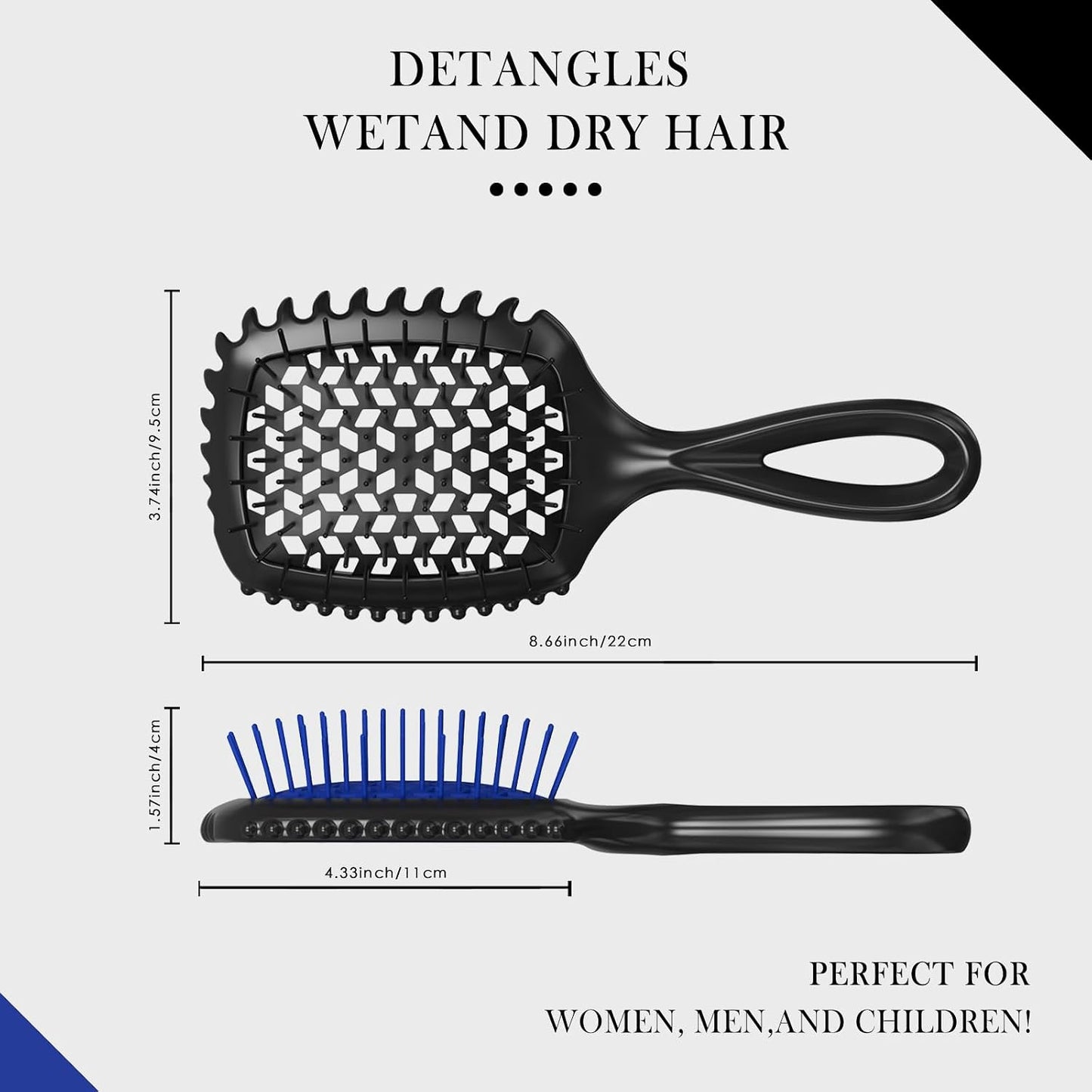Detangler Brush Set - Pain-Free Vented Hair Brush for Wet/Dry Use - Reduces Knots & Breakage | Black & Blue
