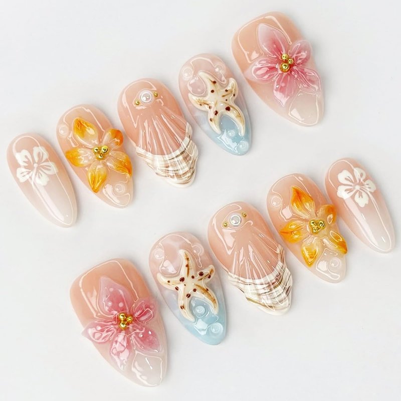 30 Pcs Summer Press-On Nails - Medium Almond 3D Floral & Starfish Design | Reusable Glossy Nude Pink Acrylic for Women