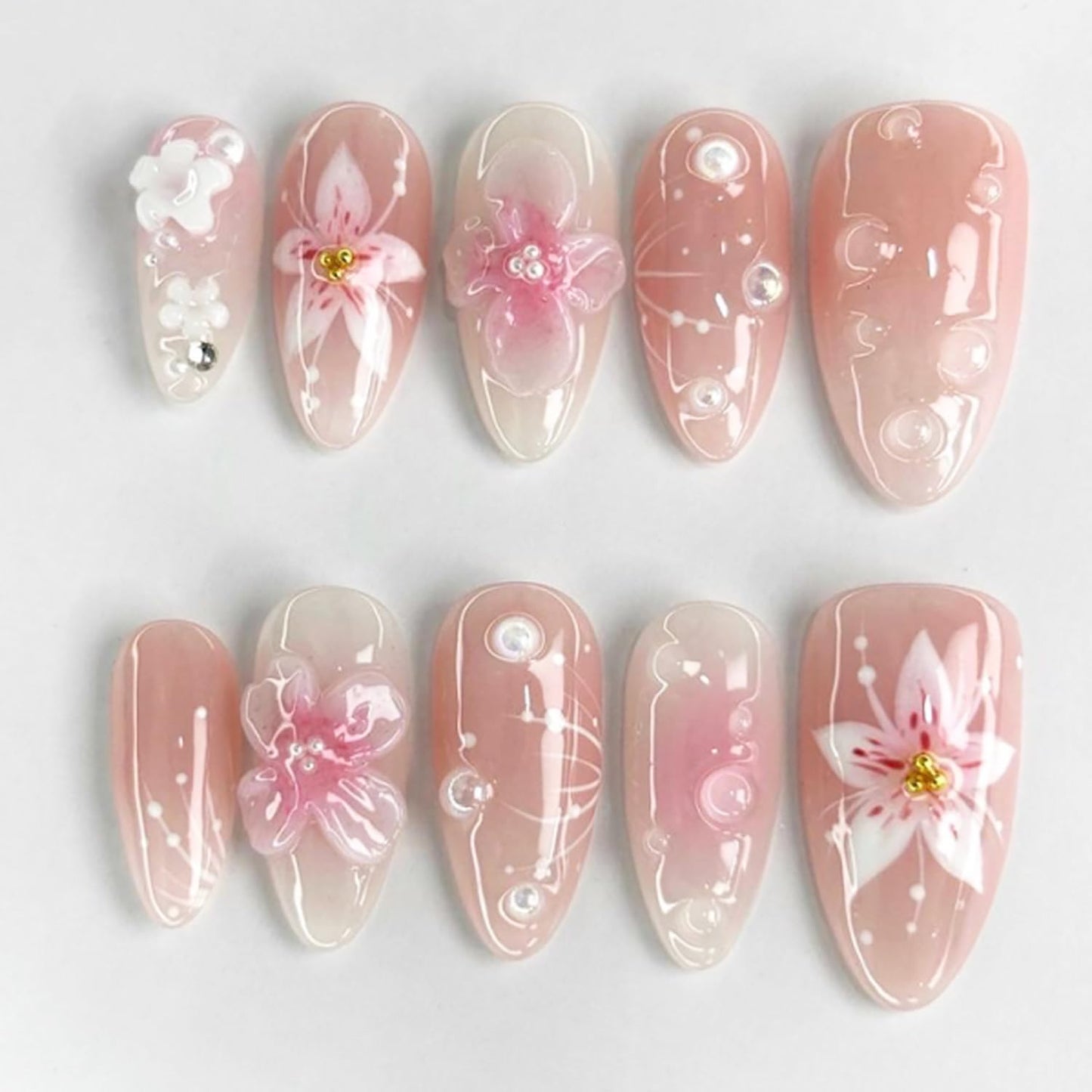 French Tip Press-On Nails - 30pcs Medium Almond Acrylic with 3D Flower & Pearl Design | Reusable Summer Nail Art