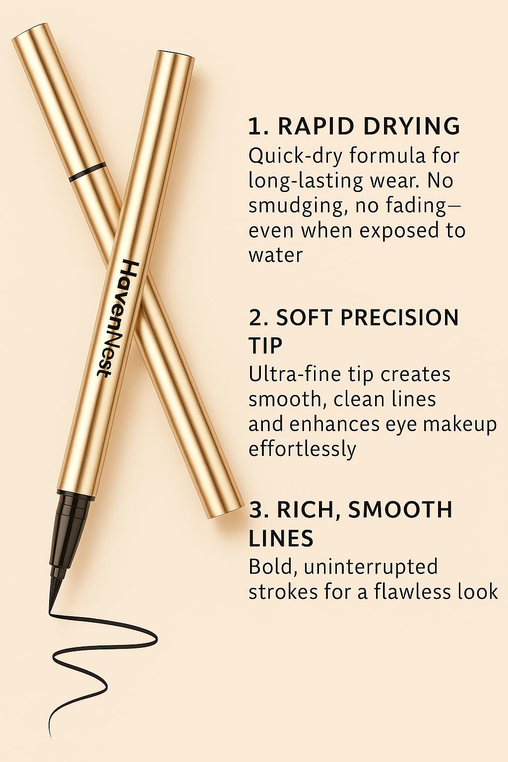 Haven Nest Vegan Waterproof Liquid Eyeliner Pen – Black, Smudge-Proof, Long-Lasting, Precise Tip, Easy Application, All-Day Wear