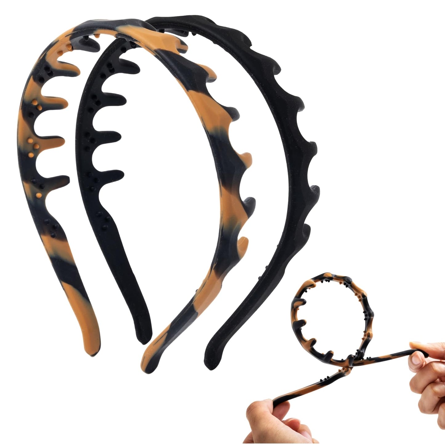 CUUCTGDA New U Shape Headbands for Women Non Slip,Fashion Accessories for Slicked Back Styles,Soft Stretchable Silicone Headband,Comfortable Comb Headband with Teeth 2 Pack（Tortoise & Black）