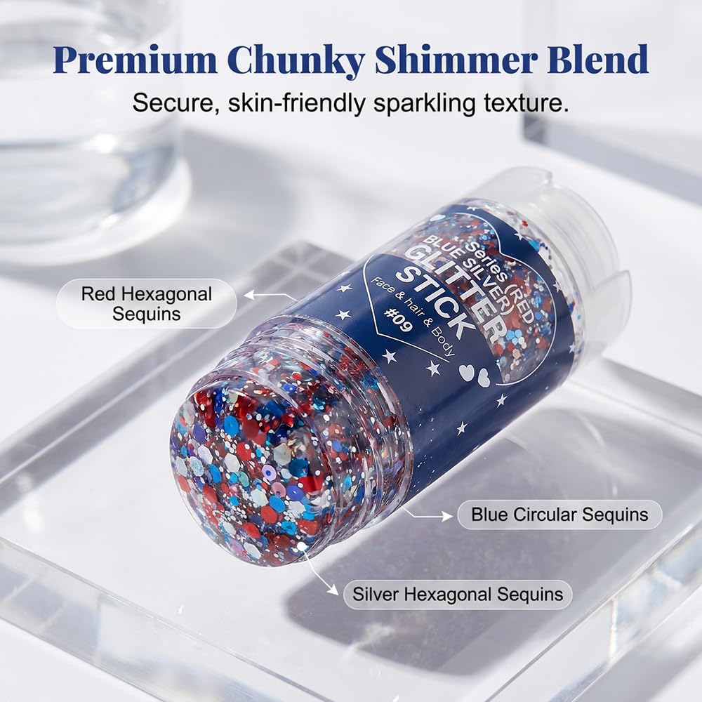 4th of July Glitter Stick, Patriotic Red White and Blue Face Hair Body Glitter Stick, 4th of July Outfits for Women Men, Sparkling Glitter Makeup Accessory for Independence Day (E,1pcs)