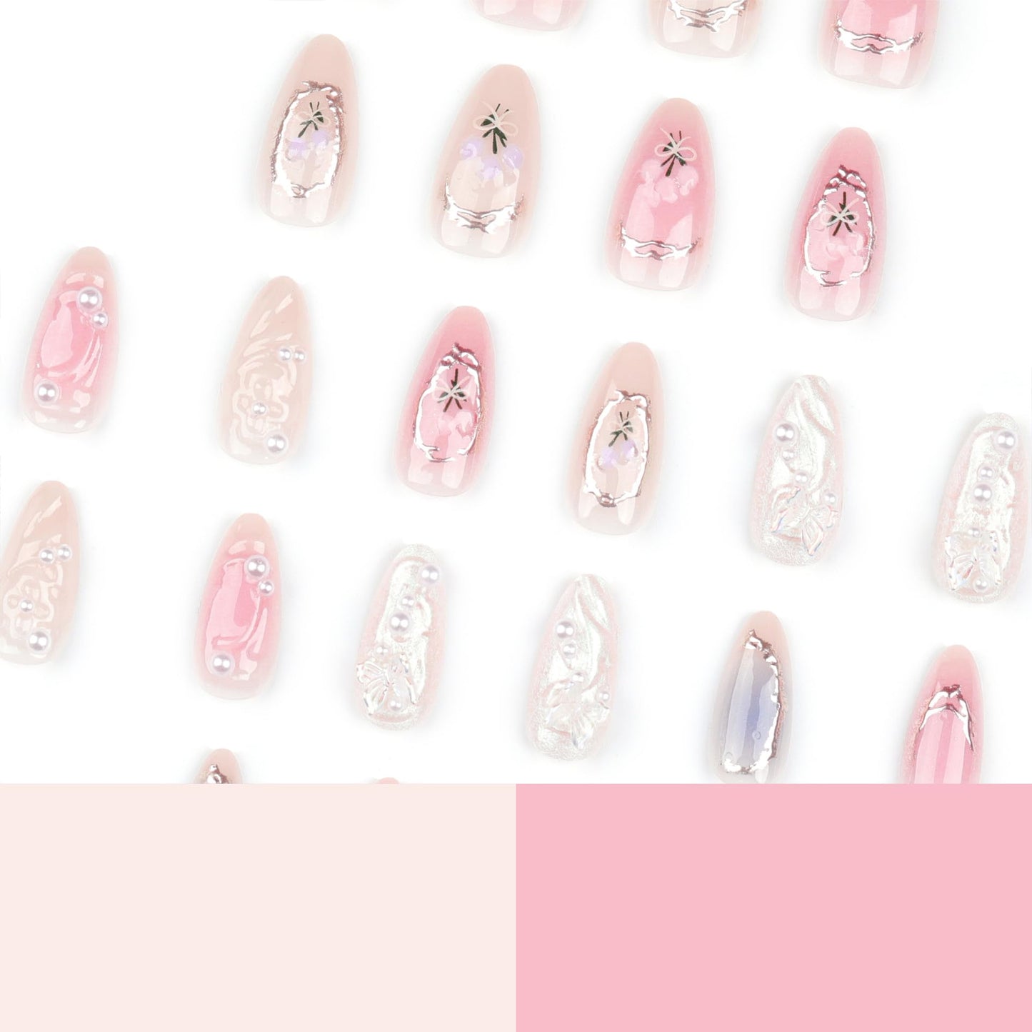 3D Flower Press On Nails Almond Shape – Medium Length Glossy Nude Pink Fake Nails with Pearls & Gold Details, Acrylic Reusable Stick On Nails for Women, Elegant Floral False Nails for Wedding Party