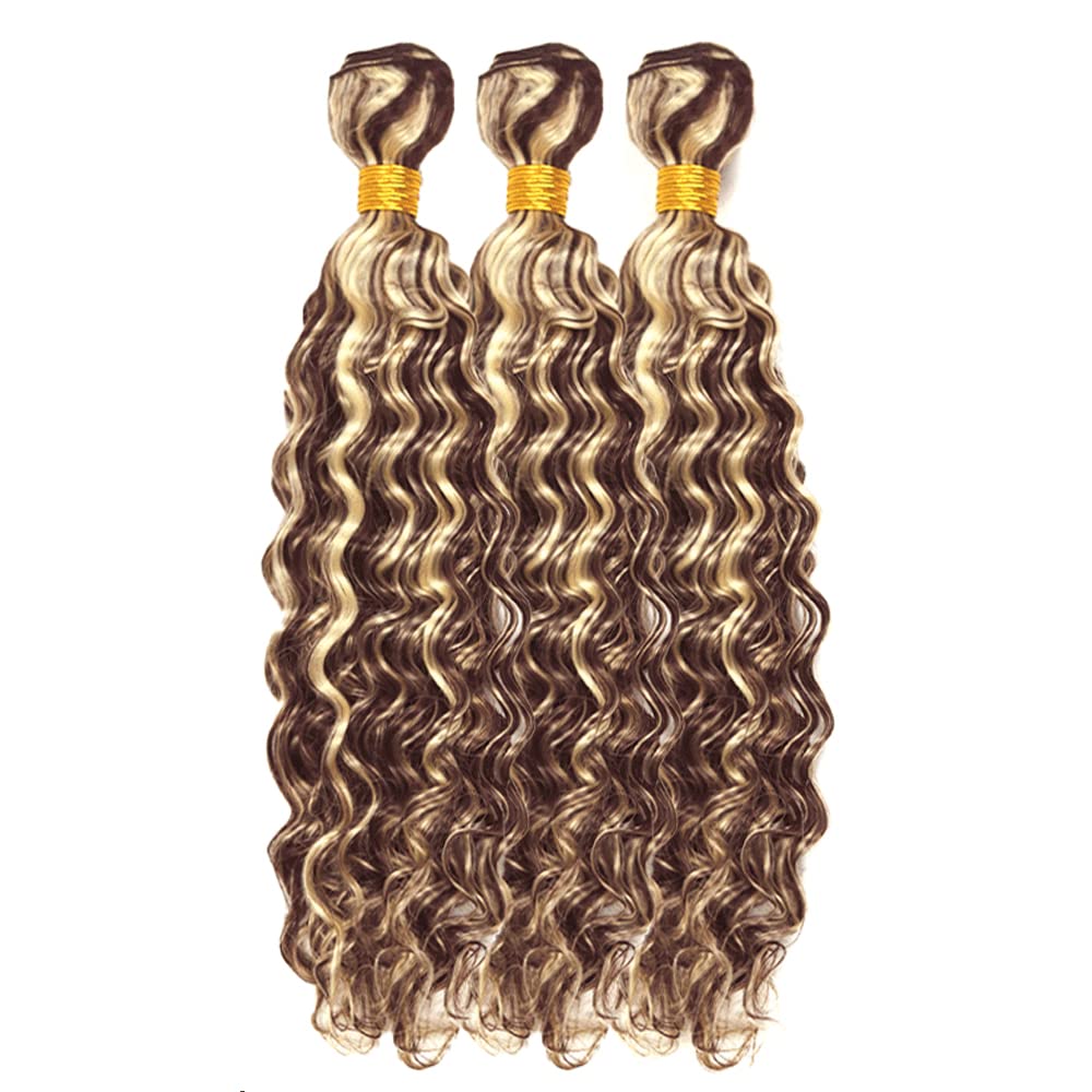 28 30 32 Inch Highlight Bundles Human Hair P4/613 Deep Wave Bundle Brazilian Virgin Remy Hair 3 Bundles Two Tone Brown Mixed With Blonde Hair Weave
