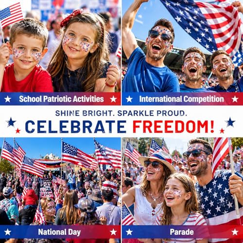 Patriotic 4th of July Glitter Stick, Sparkle Red White and Blue Face Hair Body Glitter Independence Day 250 Anniversary Party, USA Flag 4th of July Outfits and Accessories for Women Kids, Memorial Day