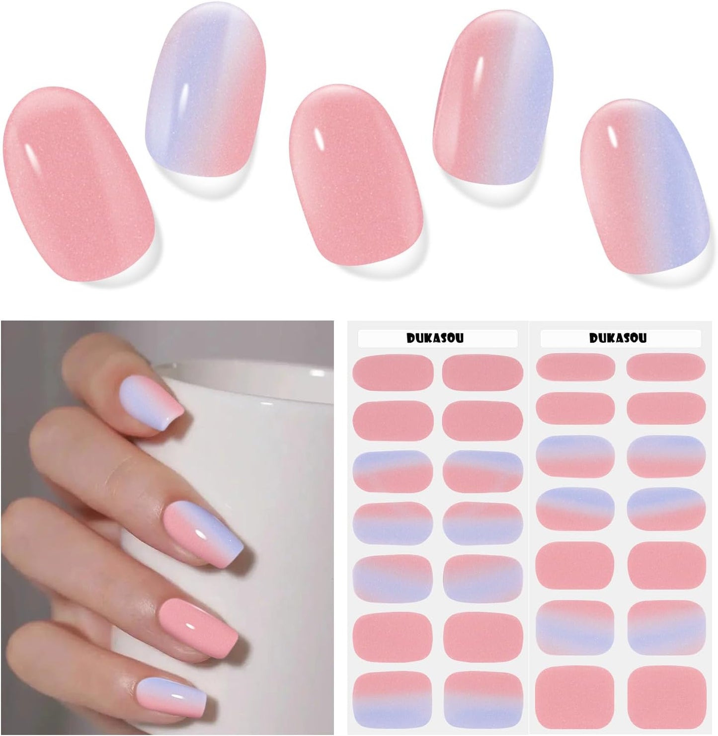 Gel Nail Strips - Semi-Cured UV Nail Stickers for Long-Lasting Manicure | 28 Pcs Light Blue