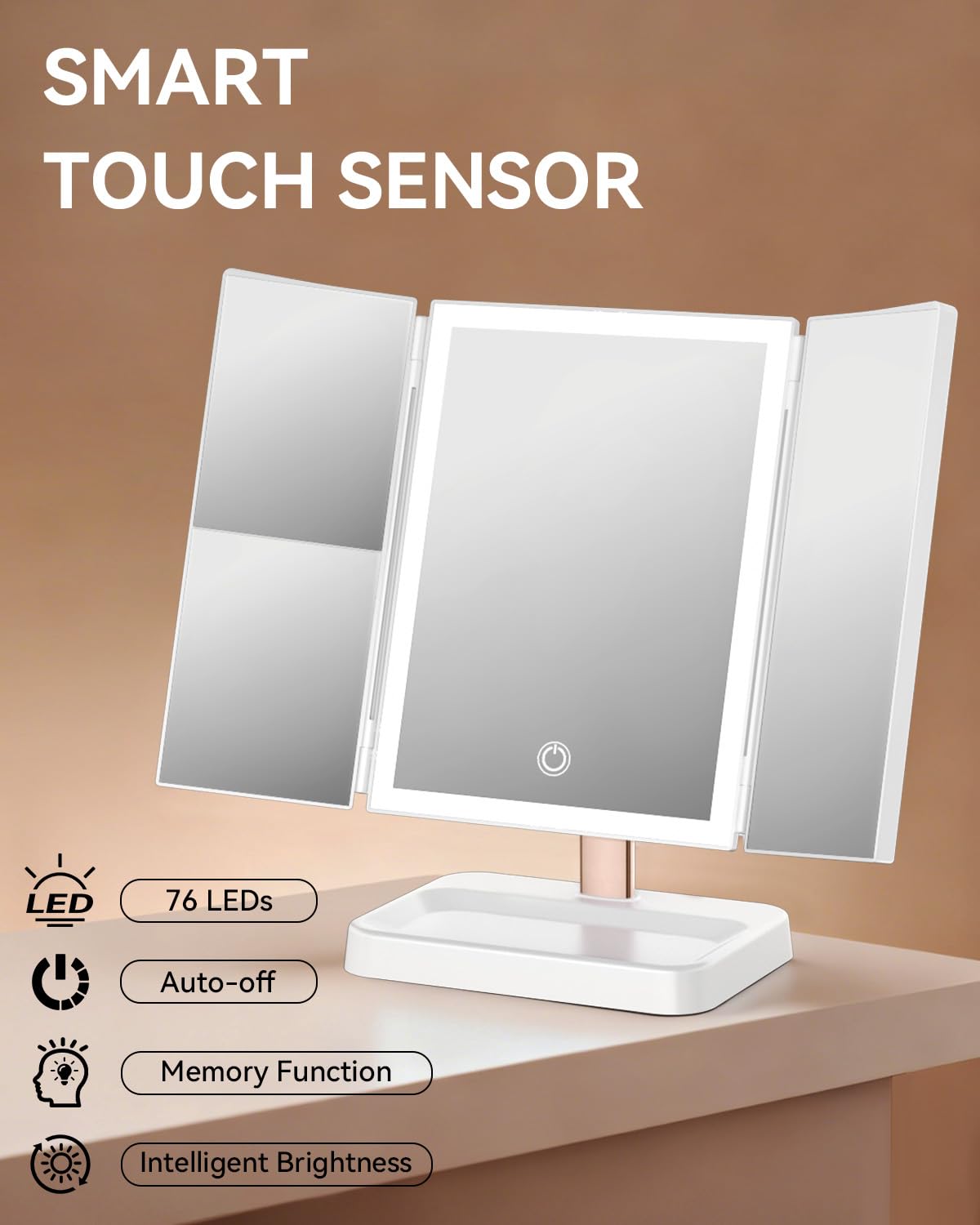 CALEPOP Lighted Makeup Mirror with Magnification, Rechargeable Vanity Mirror with Lights, 1X/2X/3X Trifold Desk Mirror, 76 LEDs, 3 Color Touch Dimming, 9 x 14 in