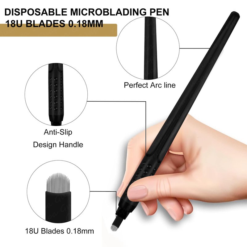 5 Pcs Disposable Microblading Pen Set – Precision Eyebrow Tattoo Tools with Multiple Blade Sizes – Ideal for Permanent Makeup Artists,& Eyebrow Shaping (Black pen - Black Flex-U18-5pcs)