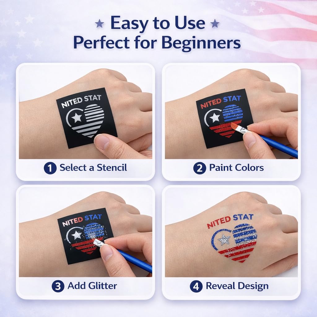 Oiomniv Red White Blue Face Paint Kit for Kids & Adults, Patriotic Face Paint with Glitter, 30 Stencils, Water-Based USA Flag Face Paint for 4th of July, Independence Day, Sports, Parties