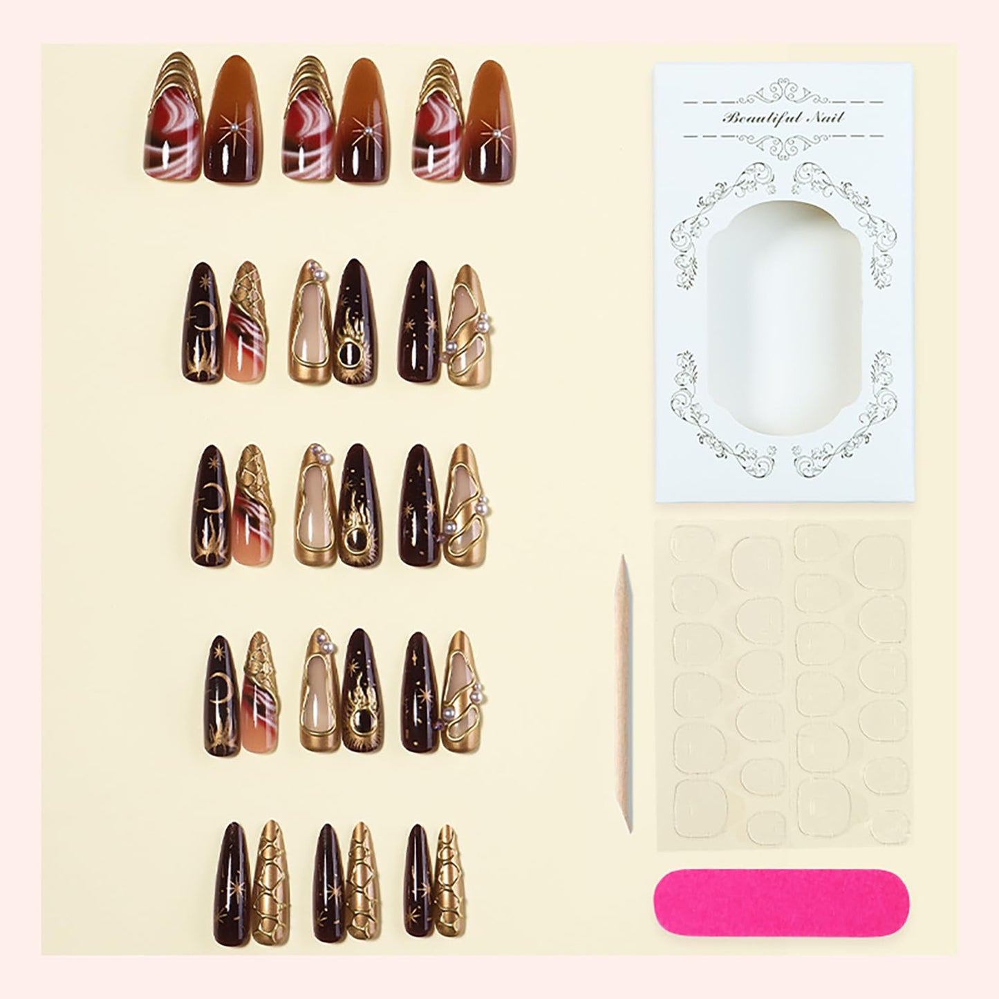 30Pcs Long Almond Press-On Nails - 3D French Tip with Pearl Rhinestones & Gothic Design | Full Cover Acrylic Nails for Women