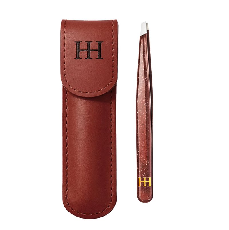 HH Tweezer – Professional Stainless Steel Eyebrow Tweezers with Genuine Leather Case for Makeup & Brow Artists (Brown)