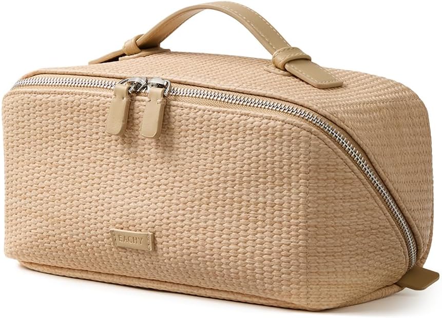 Travel Makeup Bag - Woven Toiletry Organizer with 180° Wide-Open Design | Large Capacity with Divider & Handle