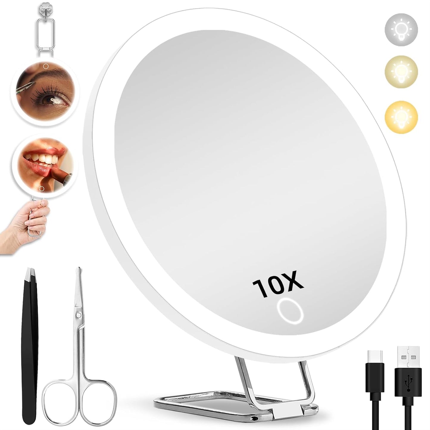 40X Magnifying Makeup Mirror with Lights - 6-Inch Compact Travel Size | 360° Adjustable Stand, Suction Cups, Tweezers & Scissors Set