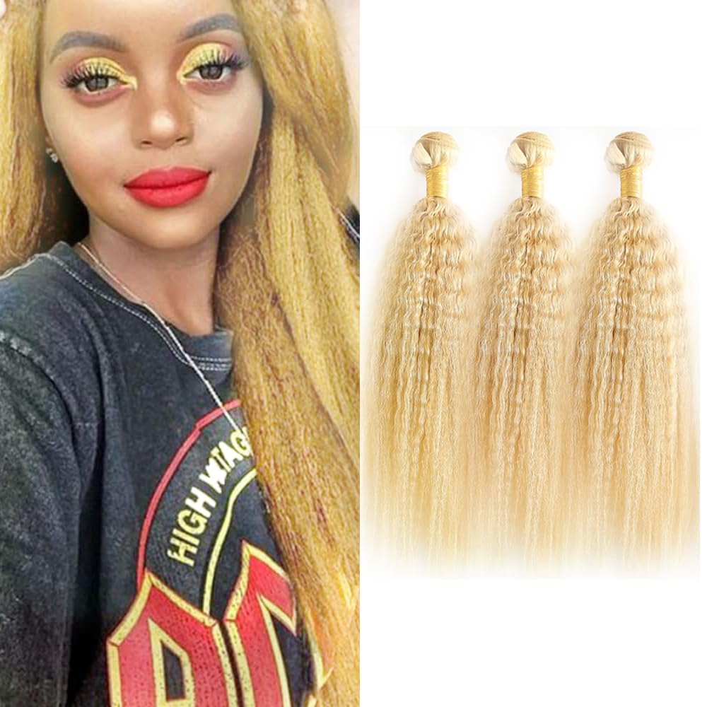 #613 Blonde Bundles Human Hair Yaki Straight Bundles 16 16 16 Inch Honey Blonde Kinky Straight 3 Bundle Unprocessed Brazilian Virgin Hair 50 Gram Per Bundle Deals Quick Weave Hair Extensions