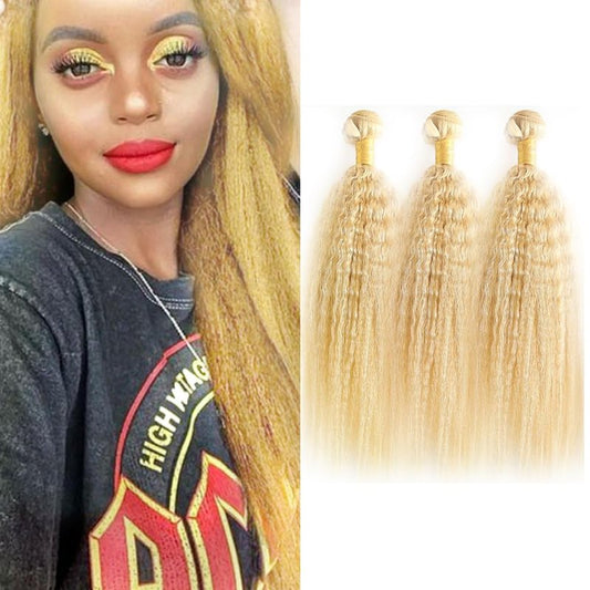 #613 Blonde Bundles Human Hair Yaki Straight Bundles 16 16 16 Inch Honey Blonde Kinky Straight 3 Bundle Unprocessed Brazilian Virgin Hair 50 Gram Per Bundle Deals Quick Weave Hair Extensions