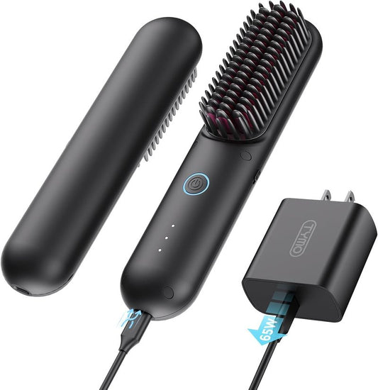 Cordless Hair Straightener Brush - Portable Mini Ionic Hot Comb for Travel | Lightweight & Fast Charging, Black