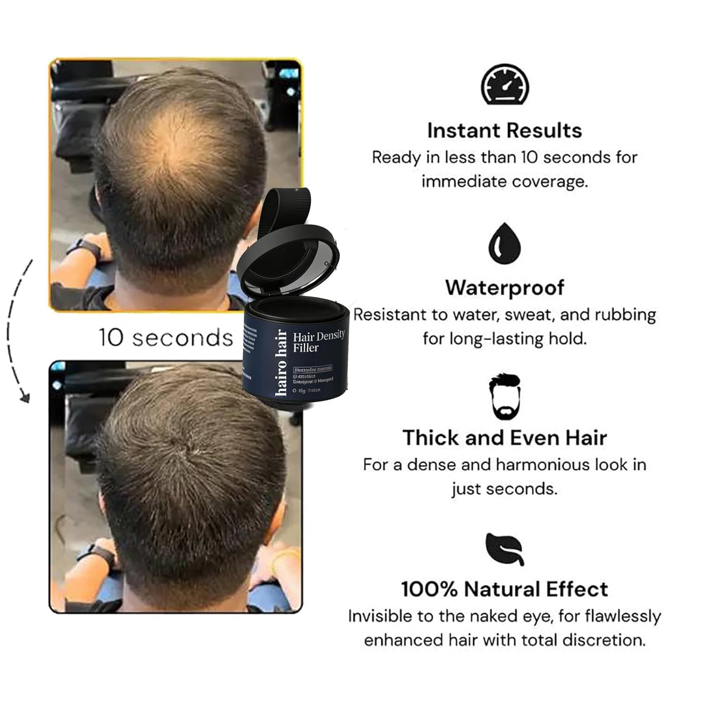 Hair Density Filler Powder - Instant Gray Coverage & Bald Spot Concealer | 10g Waterproof Touch-Up for Men & Women (Black)