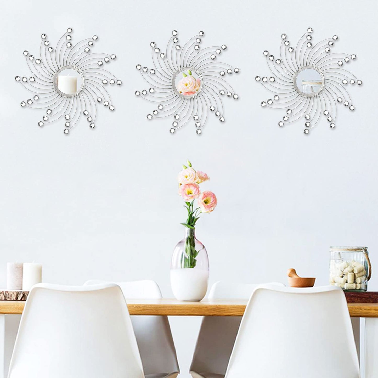 Uaussi 3 Pack Crystal Sunburst Wall Mirror Décor Rhinestone Mirrors Decorative Home Wall Art for Living Room Bedroom Entryway(Curle Burst Silver)