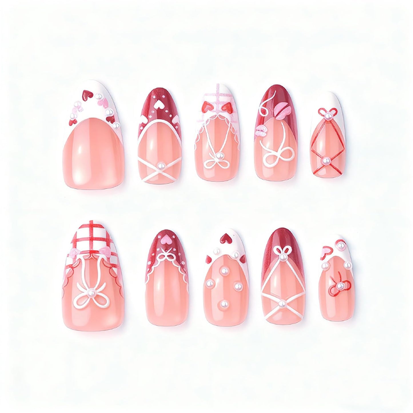 Valentine's Press-On Nails - 30Pcs Medium Almond Hearts & French Tips | Cute Pearl Bow Design