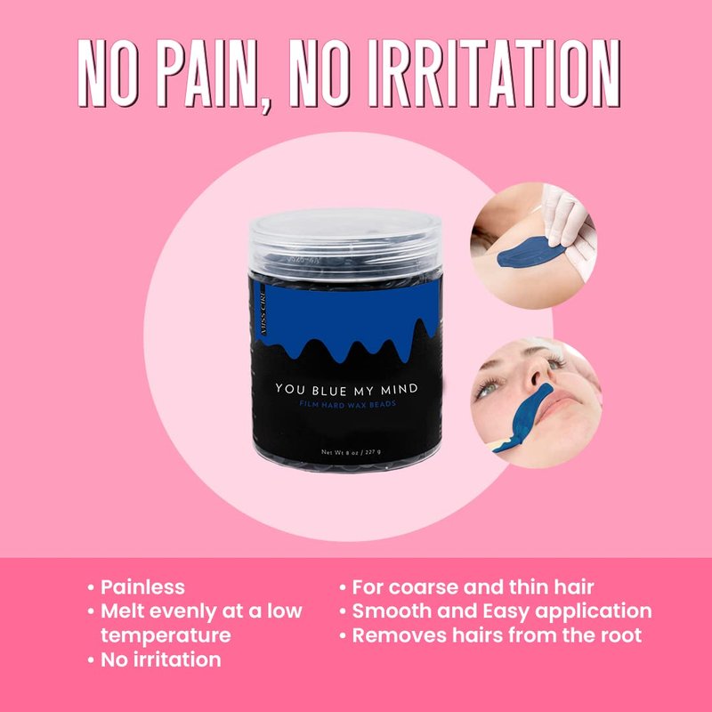 Miss Cire Blue Hard Wax Beads - Painless Hair Removal Peel-Off Wax - No Strips Needed - Low melting Point - Gel Like Consistency - For Face and Body - You Blue My Mind - For Sensitive Skin - 8oz