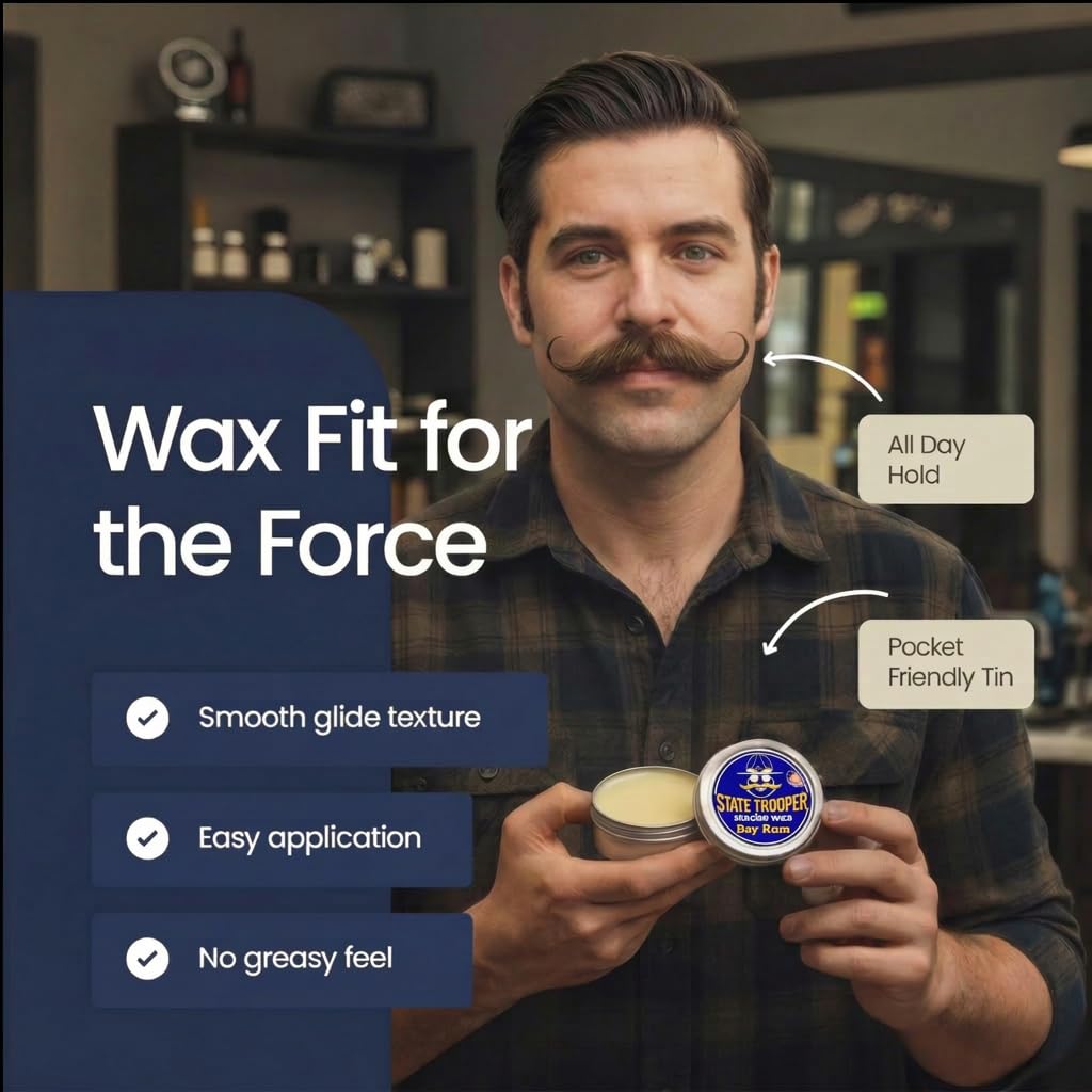 State Trooper Bay Rum - Medium Hold Mustache Wax with Beeswax, Coconut Oil & Lanolin – Natural Moustache Grooming & Styling - Nourishing Moustache Conditioner & Sculpting - 1 Ounce Tin